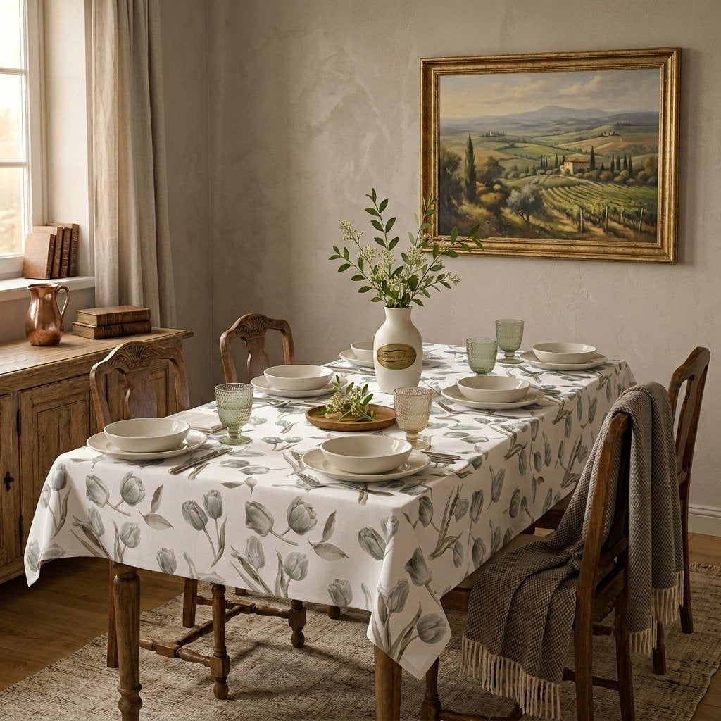 Servizio da tavola completo Tulipa Botticelli Home colore tortora, con stampa digitale floreale di tulipani su tavola apparecchiata.