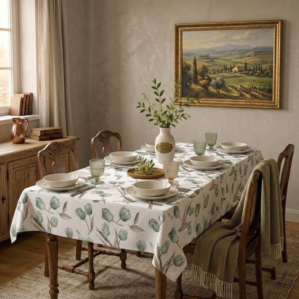 Tovaglia con tovaglioli coordinati Tulipa Botticelli Home in verde salvia, ideale per una tavola in stile rustico elegante.