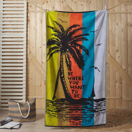 Telo mare jacquard Palm Maè by Via Roma 60 con motivo tropicale a palme.