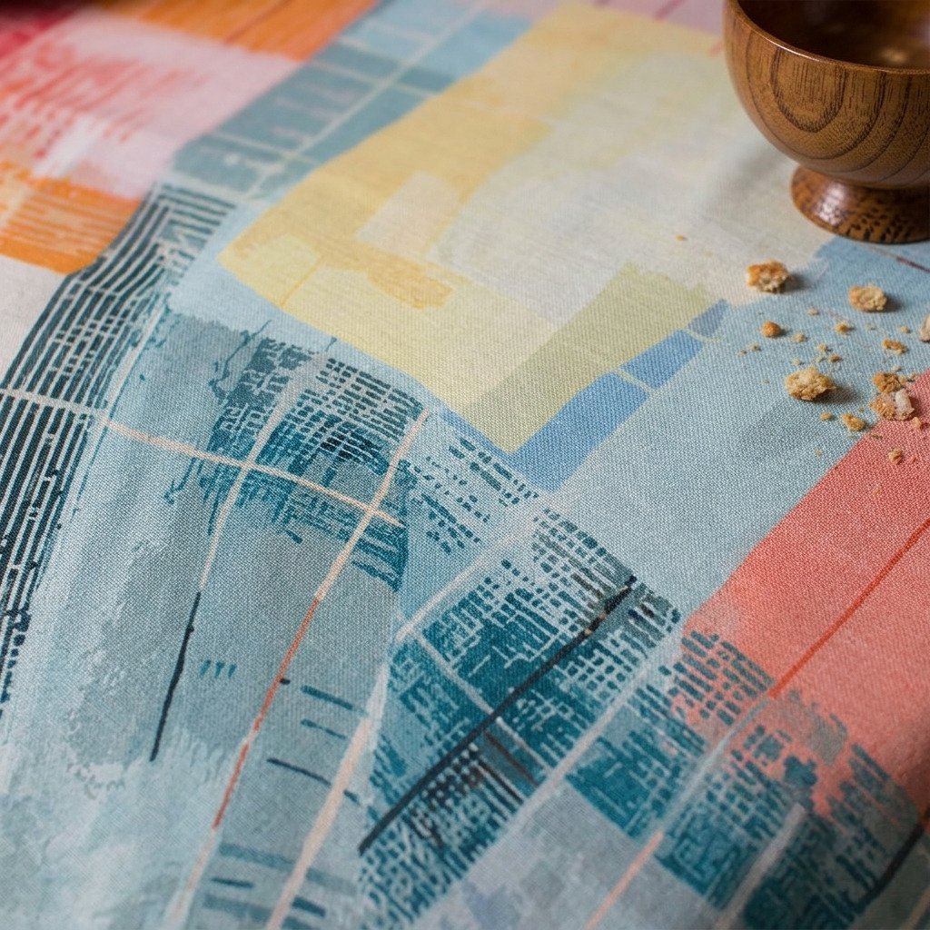 Dettaglio ravvicinato della trama in cotone panama della tovaglia Neith Nissi con trama geometrica astratta color pastello, azzurro e arancione.