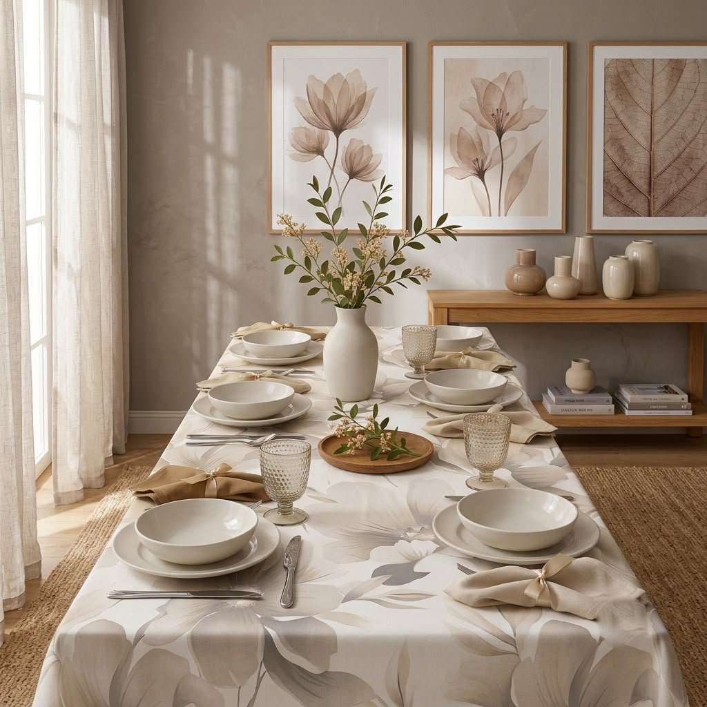 Sala da pranzo moderna con tavolo apparecchiato con la tovaglia modello Aura di colore tortora e tovaglioli beige.