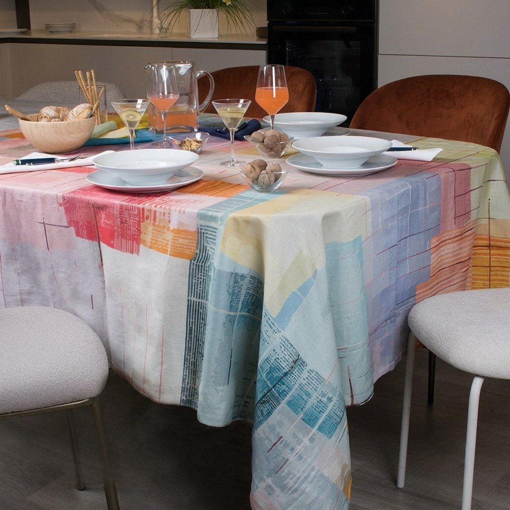 Soggiorno moderno con tavola apparecchiata con la tovaglia di cotone Neith Nissi caratterizzata da angoli a cappuccio e pattern geometrico colorato.