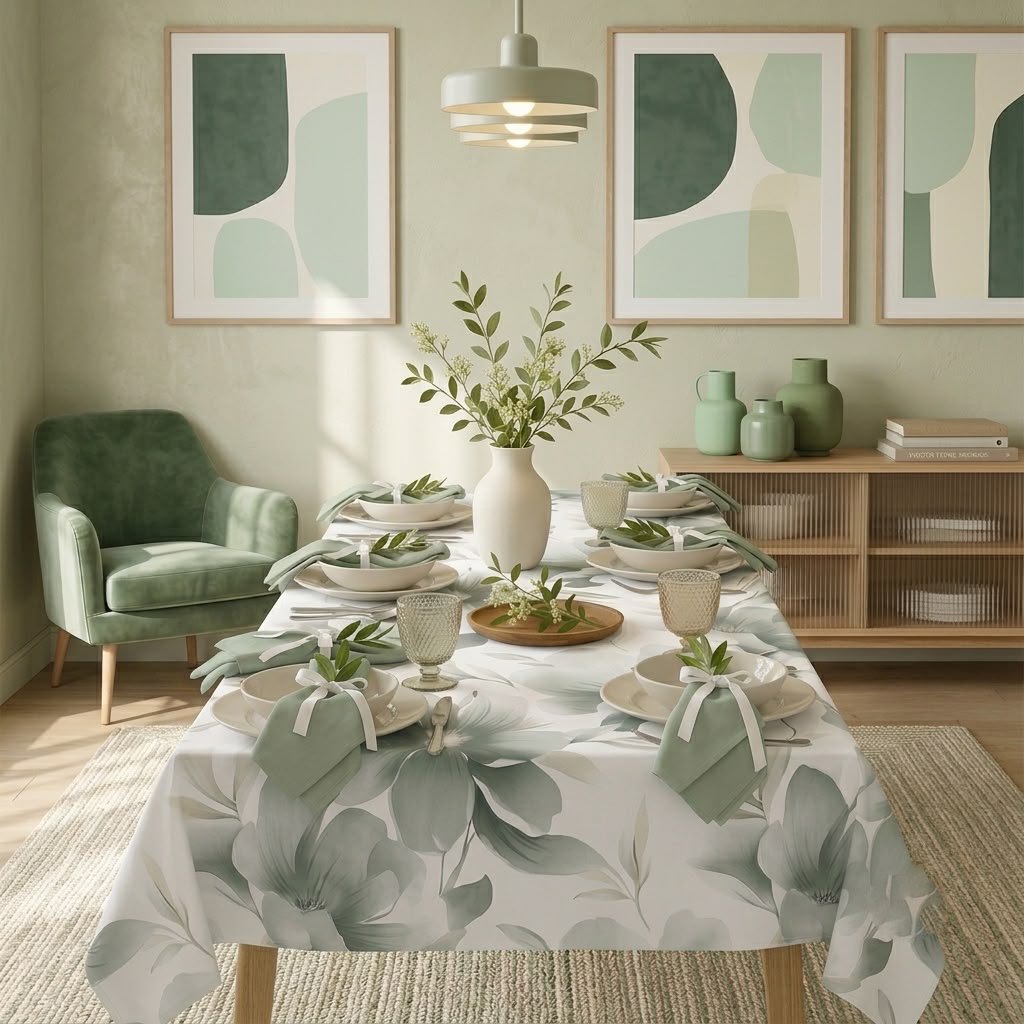 Tavola apparecchiata in stile moderno naturale con la tovaglia Aura verde con stampe di grandi foglie e fiori verdi.
