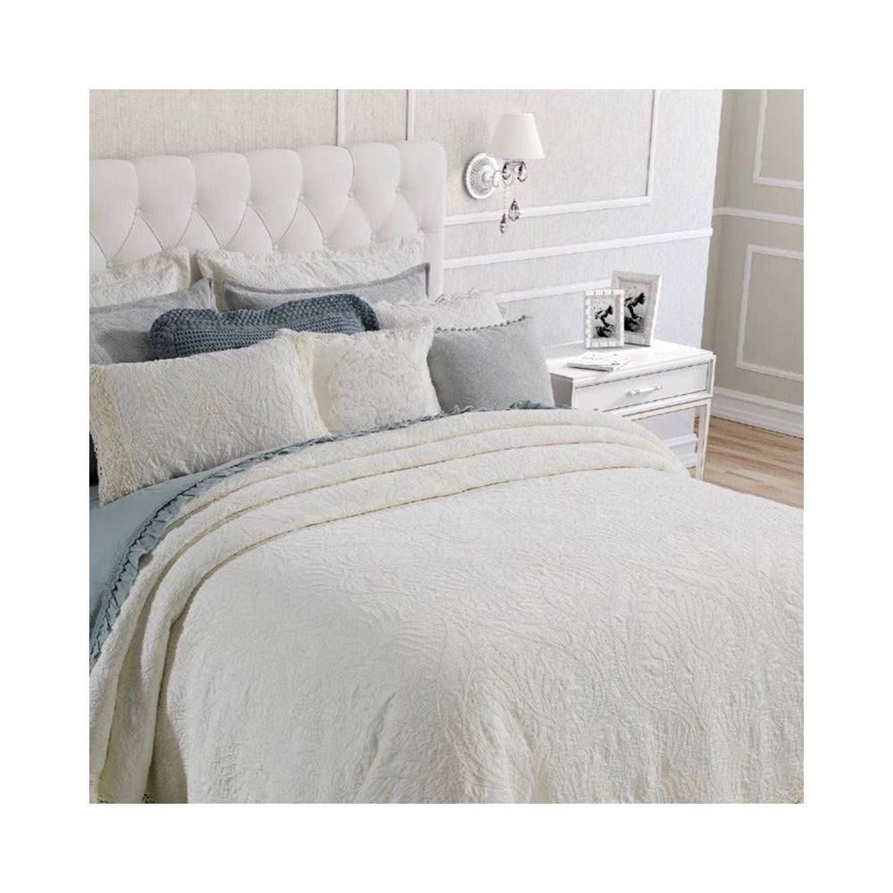 Elegante Tagesdecke für Doppelbett Pierre Cardin Versailles, 100 % elfenbeinfarbene Baumwolle – Ruocco Store
