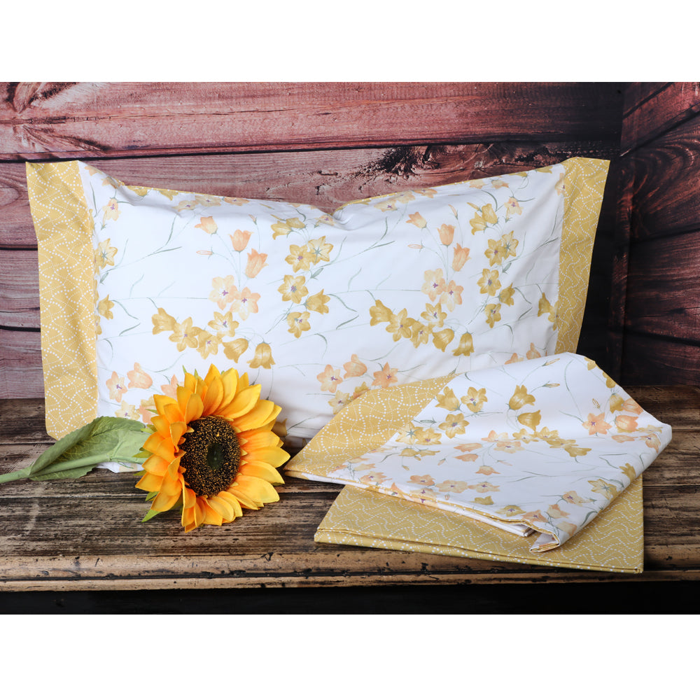 Completo Letto Matrimoniale Trionfo di Fiori puro cotone Percalle Giallo