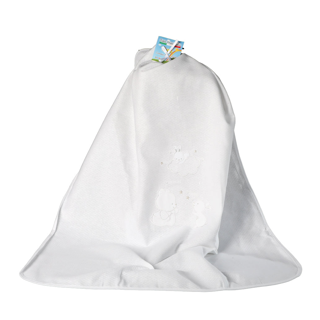 Pure Cotton Piquet Cot Pram Blanket Mio Piccolo Happy Bear 75x95 cm White