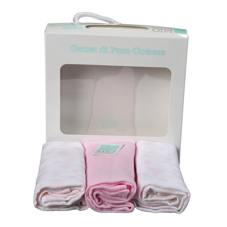 Set of 3 "Pink Hearts" SQUARE BABY TOWELS IN GAUZE - MY LITTLE ONE