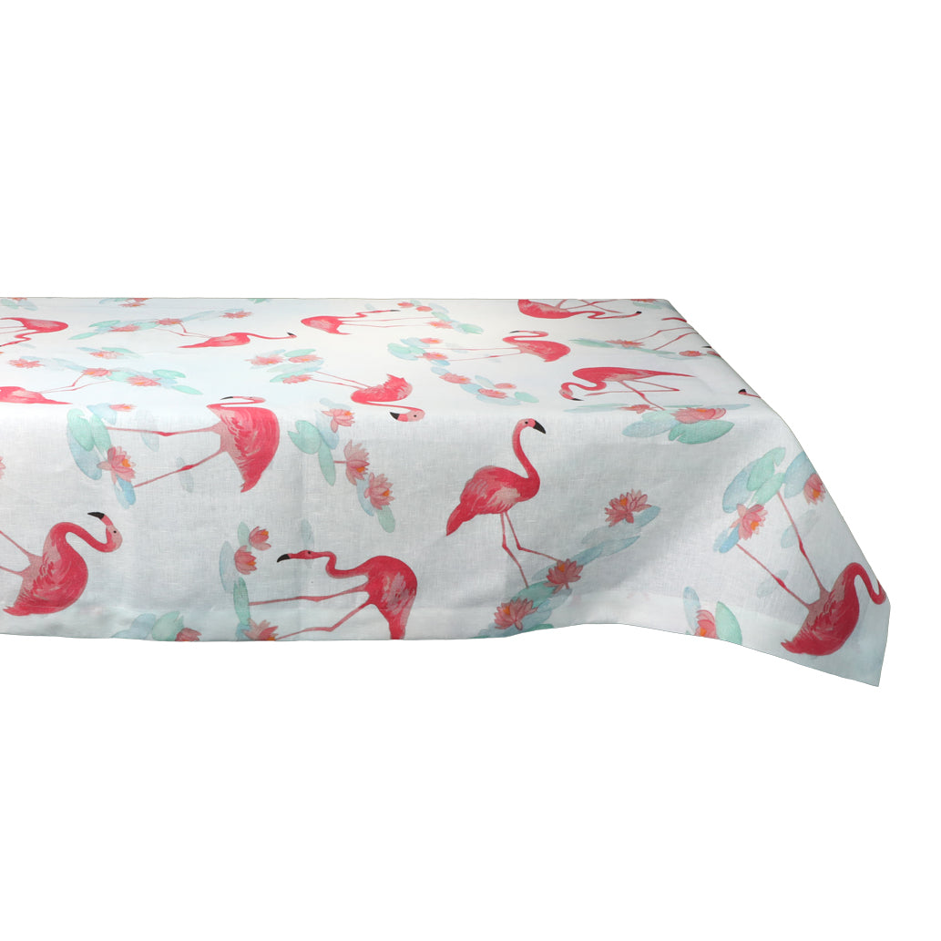 Square Tablecloth 140x140 cm Flamingos Printed Linen Fuchsia